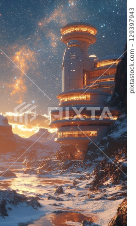 A futuristic tower in a cosmic sunset landscape, showcasing beauty and innovation A futuristic tower in a cosmic sunset landscape, showcasing beauty and innovation 129397943