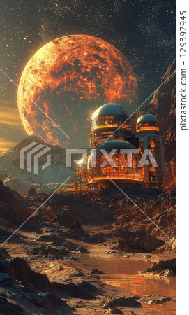 Futuristic Space Habitat on an Alien Planet under a Massive Red Moon in the night sky 129397945