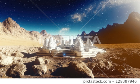 Envisioning a Futuristic Space Base situated on an Alien Planet under a stunning Starry Sky, 129397946