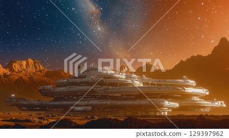 Futuristic Spacecraft Gliding Across an Alien Landscape Beneath a Beautiful Starry Sky Futuristic Spacecraft Gliding Across an Alien Landscape Beneath a Beautiful Starry Sky 129397962