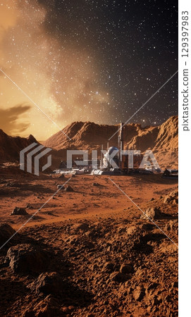 A futuristic Martian base under a starry sky, featuring rugged terrain and innovative design 129397983