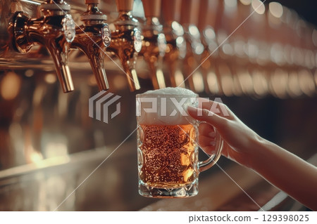 Refreshing Beer is Served at the Tap with Bubbly Foam and a Golden Glow to Enjoy Refreshing Beer is Served at the Tap with Bubbly Foam and a Golden Glow to Enjoy 129398025