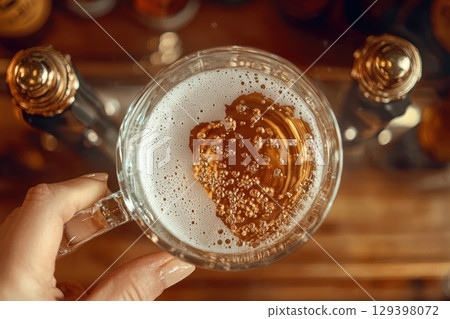 A refreshing glass of beer filled with bubbles and topped with a creamy frothy foam A refreshing glass of beer filled with bubbles and topped with a creamy frothy foam 129398072