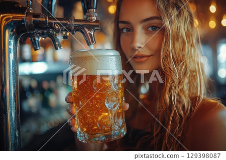 A Refreshing Beer is Served in a Lively and Exciting Bar Atmosphere for Everyone to Enjoy A Refreshing Beer is Served in a Lively and Exciting Bar Atmosphere for Everyone to Enjoy 129398087