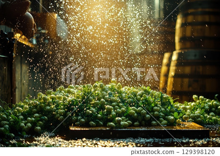 Freshly Harvested Ingredients Surrounded by Sparkling and Refreshing Clear Water Drops 129398120