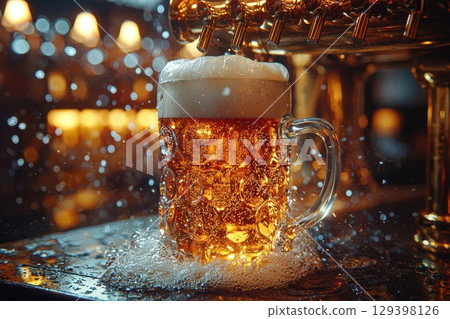 A Frothy Beer Poured into a Classic Mug Located on a Bar Counter, Inviting You to Enjoy 129398126