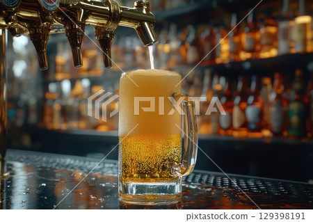 A refreshing beer is being poured into a frosted mug at a lively bar with friends 129398191