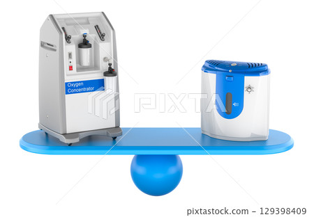 Oxygen concentrator comparison on balance. 3D rendering 129398409
