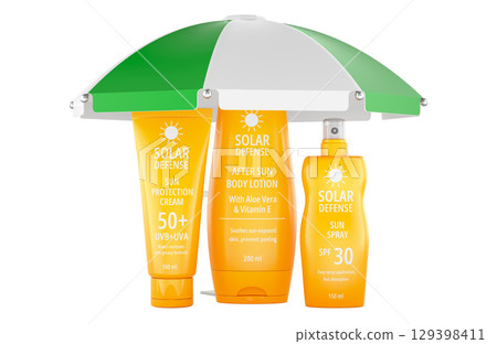 Sun protection products under beach umbrella. 3D rendering Sun protection products under beach umbrella. 3D rendering 129398411