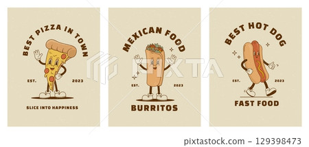 Retro cartoon cute street food character posters. Vintage taco, pizza and hot dog mascot. Fastfood vector illustration. Nostalgia 60s, 70s, 80s 129398473