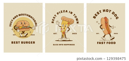 Set of Retro cartoon fast food character posters. Vintage street food burger, pizza and hot dog mascot vector illustration. Nostalgia 60s, 70s, 80s 129398475