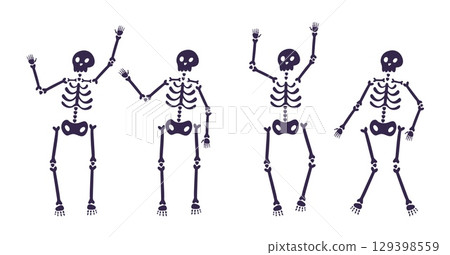 Cartoon flat halloween skeletons set. Funny creepy characters with skull and bones dancing vector illustration. Perfect for banner, poster, invitation Cartoon flat halloween skeletons set. Funny creepy characters with skull and bones dancing vector illustration. Perfect for banner, poster, invitation 129398559