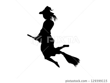 Girl witch silhouette flying on a broom 129399115