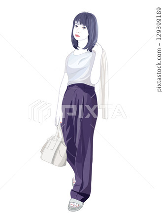 Illustration of a young woman walking with a jacket slung over her shoulder Illustration of a young woman walking with a jacket slung over her shoulder 129399189