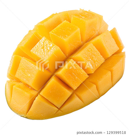Freshly cut mango slices with vibrant orange flesh, tropical fruit isolated, juicy summer snack Freshly cut mango slices with vibrant orange flesh, tropical fruit isolated, juicy summer snack 129399518