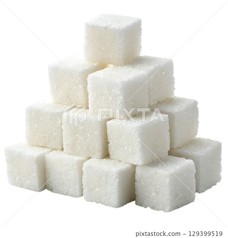 Perfect stack of white sugar cubes in pyramid shape, sweetener isolated on transparent background 129399519