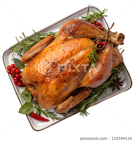 Golden roasted thanksgiving turkey on platter, holiday feast centerpiece isolated on transparent background 129399520