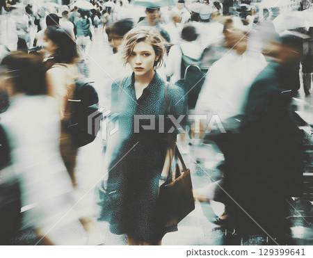 一位年輕女子站在人群中的肖像，代表著城市的孤獨。 129399641
