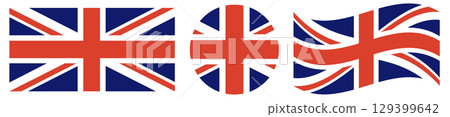 United Kingdom flag collection. Flag of UK in circle, shape isolated. Waving flag of England.  129399642