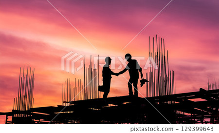 Workers agreeing on construction project, unity and achievement theme Workers agreeing on construction project, unity and achievement theme 129399643