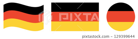 Collection of German flags isolated. Round flag of Germany isolated in circle shape. Waving flag of Germany. 129399644