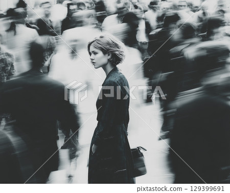 一位站在人群中的女人的肖像，代表著城市的孤獨 129399691