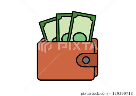 Illustration of a wallet with three bills. Image material of money. Illustration of a wallet with three bills. Image material of money. 129399718