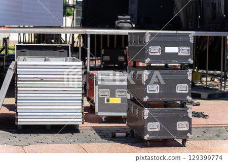 Concert equipment boxes placed near the stage Concert equipment boxes placed near the stage 129399774