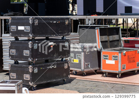 Concert equipment boxes placed near the stage 129399775