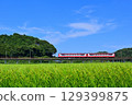 Kashima Rinkai Railway 6000 series diesel railcar running under the blue sky and rice fields 129399875