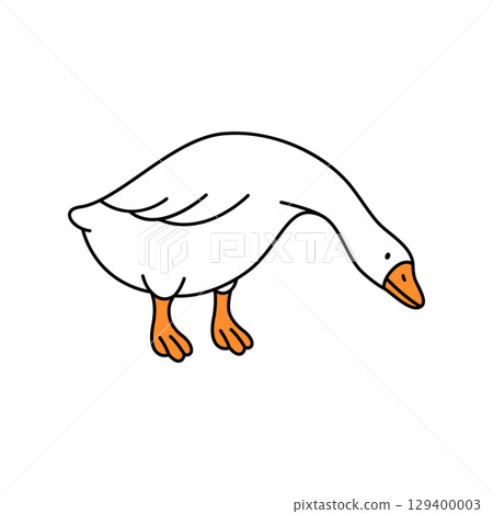 Minimalist outline illustration of a goose bending down with neck extended, simple cartoon farm animal vector 129400003