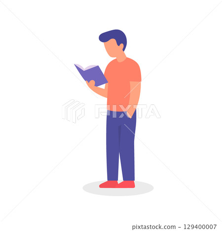 Young man standing and reading book, flat character illustration in modern minimal style on white background 129400007
