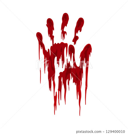 Gruesome dripping red handprint with multiple trails, horror blood vector art on white background 129400010