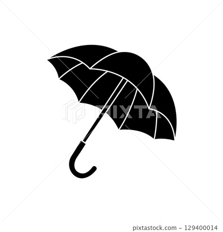 Black solid silhouette of an umbrella, minimal vector art representing rain protection and classic weather safety accessory 129400014