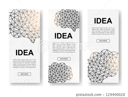 Set of human brain polygonal vertical banners. 3d mind low poly symbols with connected dots. Organ vertical illustration for homepage design. 129400028