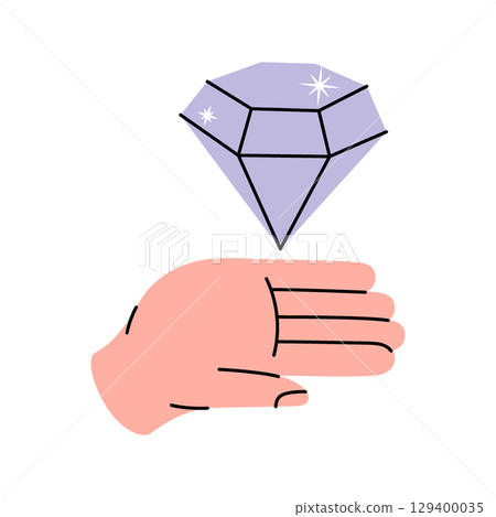 Hand holding a diamond. Spirituality crystal. Gemstone, amethyst, ruby, sapphire, emerald, topaz and quartz. Vector illustration. Hand holding a diamond. Spirituality crystal. Gemstone, amethyst, ruby, sapphire, emerald, topaz and quartz. Vector illustration. 129400035