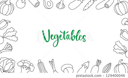 Vegetables horizontal outline banner. Fresh raw vegetables. Organic foods design template for food market, ecommerce, products promotion. 129400046
