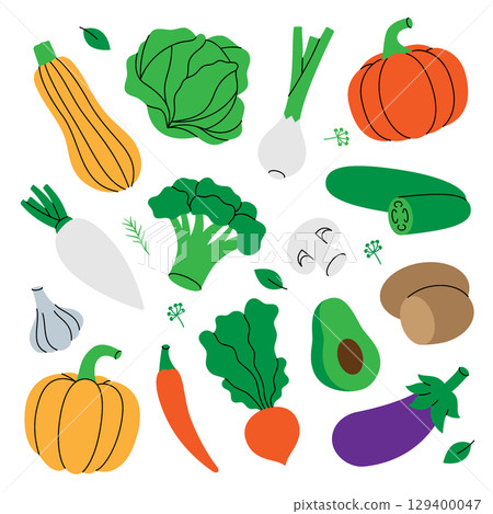 Fresh vegetables. Healthy eating. Chili pepper, garlic, mushroom, avocado, pumpkin, broccoli, cabbage, turnip, zucchini, onion, eggplant. 129400047