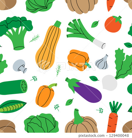 Vegetables pattern. Fresh raw vegetables. Organic vegetables menu design template for food market, ecommerce, products promotion. Vector illustration. Vegetables pattern. Fresh raw vegetables. Organic vegetables menu design template for food market, ecommerce, products promotion. Vector illustration. 129400048
