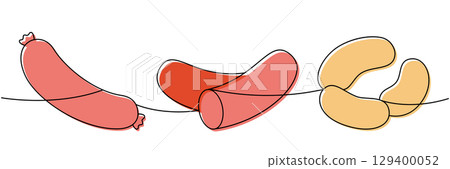 Grilled sausage, cheese sausages, thick sausages one line colored continuous drawing. Butcher shop meat. Vector illustration 129400052