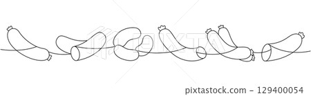 Sausages set. Butchery menu one line continuous drawing. Vector illustration. Sausages set. Butchery menu one line continuous drawing. Vector illustration. 129400054
