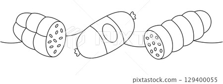 Doctors sausage, chicken sausage one line continuous drawing. Fresh raw sausages. Vector illustration. Doctors sausage, chicken sausage one line continuous drawing. Fresh raw sausages. Vector illustration. 129400055