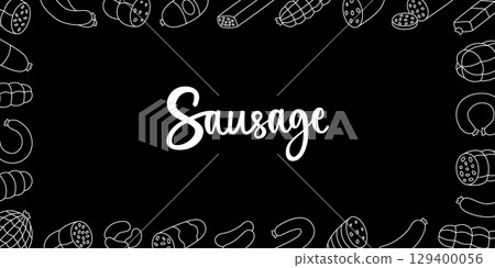 Sausages horizontal banner. Sausages products. Butchery menu design template for food market, ecommerce, products promotion. Vector illustration. 129400056