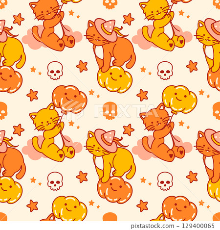 Repeatable orange Halloween pattern with friendly cats, perfect for non-spooky fabric designs, wrapping paper, and cheerful seasonal textiles in warm autumn colors 129400065