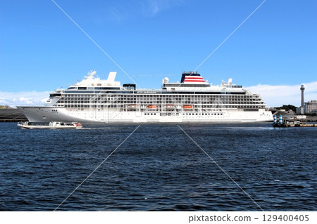 Newly built ship Asuka III departs for its maiden voyage at Osanbashi Pier in Yokohama Port, Yokohama, Kanagawa Prefecture 129400405