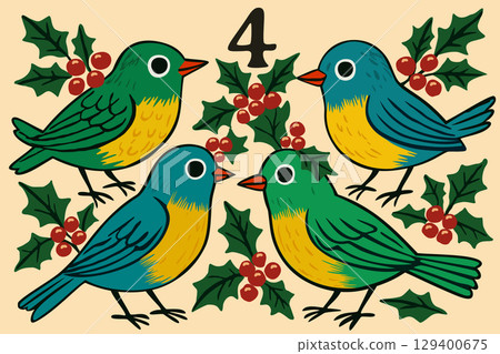 Four calling birds. The twelve days of Christmas. English Christmas carol. Fourth day. Vector isolated illustration 129400675