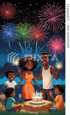 A special Family Celebration featuring vibrant Fireworks and delicious Cake at Night time 129400811