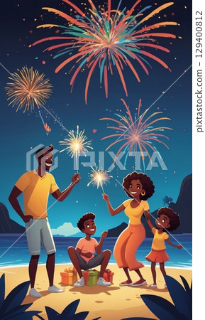 A family joyfully celebrates together with colorful fireworks on the beach at night 129400812