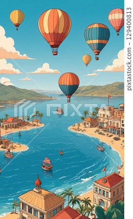Elevated Scenic Hot Air Balloons Gracefully Float Above a Picturesque Coastal Village 129400813