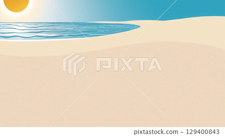 A tranquil and serene beach scene that features the sun along with the ocean waves gently crashing 129400843